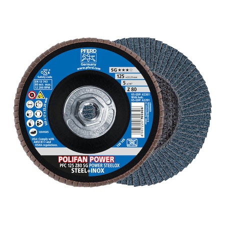 Pferd 5" x 5/8-11 Thd. POLIFAN Flap Disc - Z SG POWER STEELOX, Zirconia, 80 Grit, Conical 62291